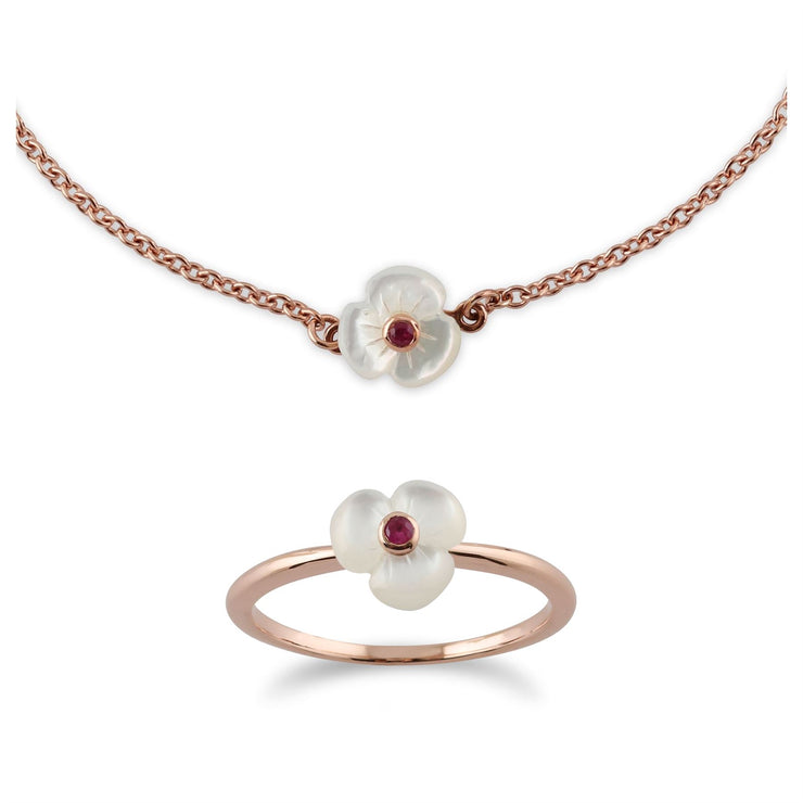 Bracelet et Bague Coquelicot Floral Argent 925 Plaqué Or Rose Rubis Rond et Nacre