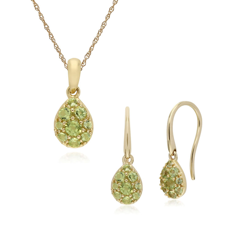Boucles d'Oreilles Pendantes et Pendentif Poire Classique Or Jaune 375 Péridot Cluster