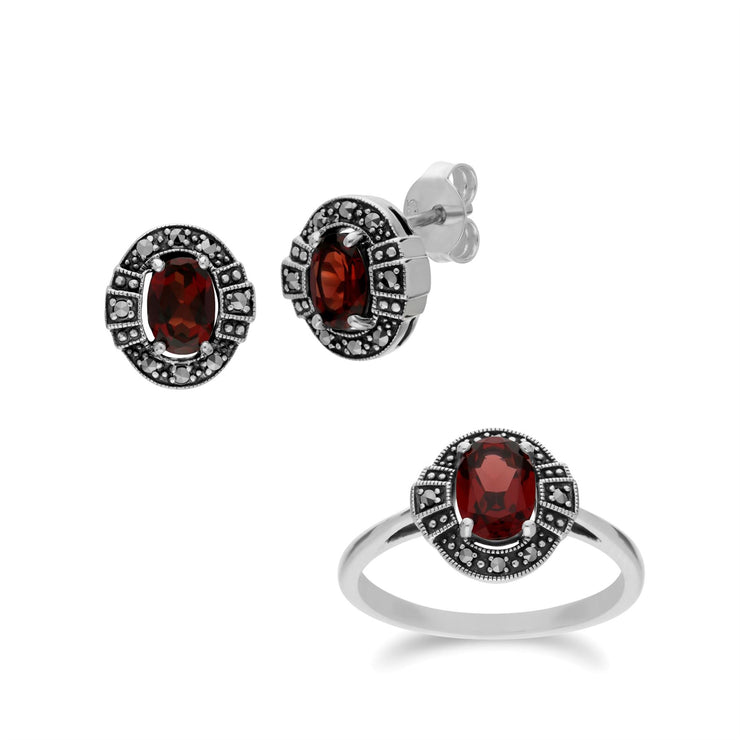 Boucles d'Oreilles Clou et Bague Style Art Déco Argent 925 Grenat et Marcassite Cluster Oval