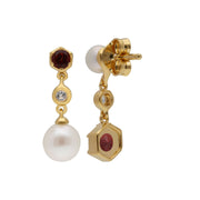 Boucles d'Oreilles Pendantes Asymétriques Perle Moderne Argent 925 Plaqué Or Perle, Grenat et Topaze