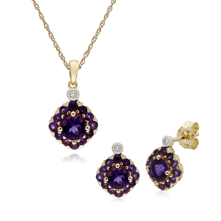 Boucles d'Oreilles Clou et Pendentif Carré Classique Or Jaune 375 Améthyste et Diamant Cluster