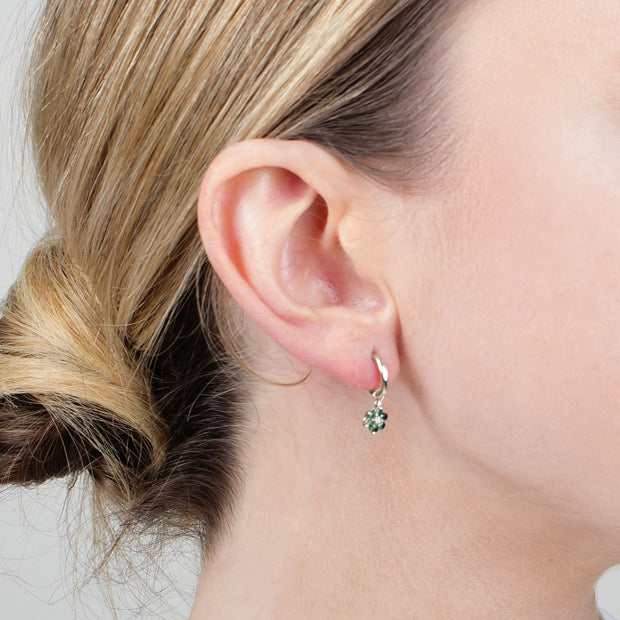 Boucles d'Oreilles Dormeuses Floral Or Blanc 375 Emeraude Rond et Diamant