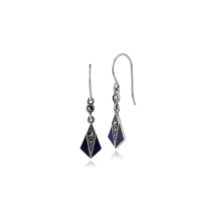 Boucles d'Oreilles Eventail Pendantes Style Art Déco Argent 925 Marcassite et Email Bleu