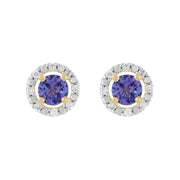 Boucles d'Oreilles Clou Tanzanite Classique Or Jaune 375 et Ear-Jacket Rond Diamant