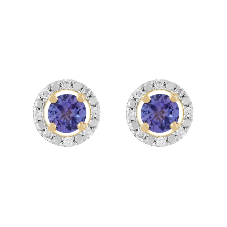 Boucles d'Oreilles Clou Tanzanite Classique Or Jaune 375 et Ear-Jacket Rond Diamant