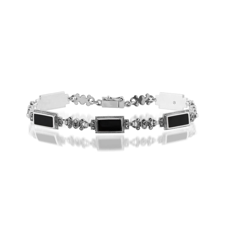 Bracelet Style Art Déco Argent 925 Onyx Noir Rectangulaire et Marcassite