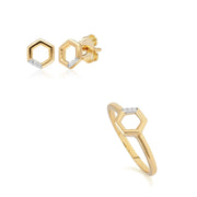 Bague et Boucles d'Oreilles Clou Pavé Diamant Hexagone Or Jaune 375 Diamant