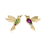 Boucles d'Oreilles Clous Asymétriques Colibri ECFEW™ 'The Creator' Péridot et Rhodolite