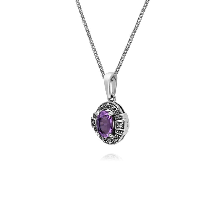 Argent Sterling Ovale Amethyst And Marcassite Serti 45cm Collier