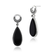 Boucles d'Oreilles Pendantes Style Art Déco Argent 925 Onyx Noir Cabochon et Marcassite