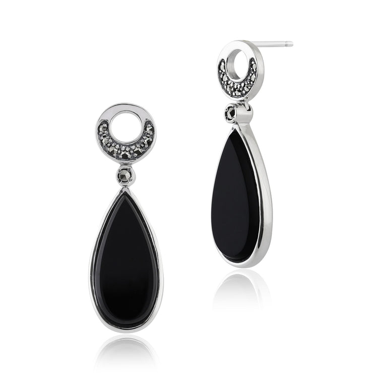 Boucles d'Oreilles Pendantes Style Art Déco Argent 925 Onyx Noir Cabochon et Marcassite