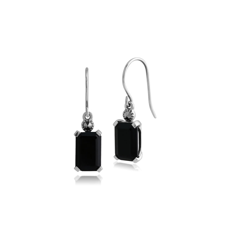 Boucles d'Oreilles Pendantes Style Art Déco Argent 925 Onyx Noire Octogonale et Marcassite