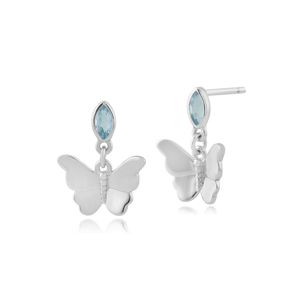 Boucles d'Oreilles Pendantes Papillon Or Blanc 375 Topaze Marquise Bleue