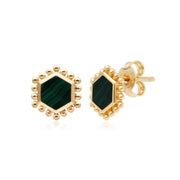 Boucles d'Oreilles Clou Flat Slice Hexagone Argent 925 Plaqué Or Malachite