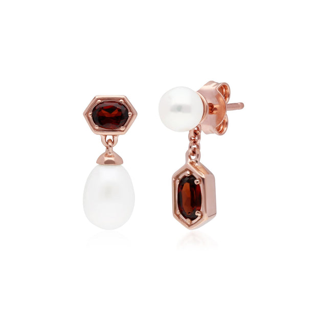 Boucles d'Oreilles Asymétrique Perle Moderne Argent 925 Doré à l'Or Fin Rose Perle et Grenat