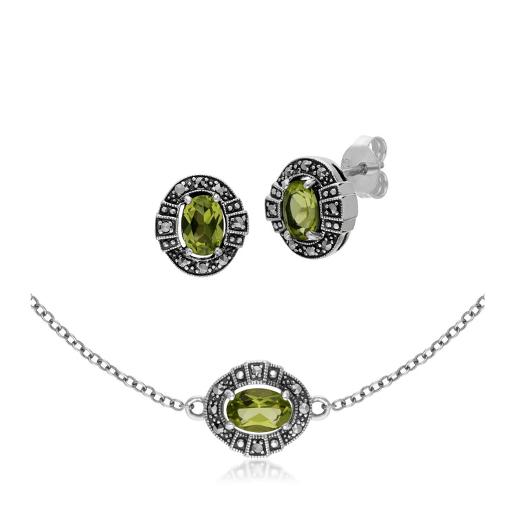 Bracelet et Boucles d'Oreilles Clou Style Art Déco Argent 925 Péridot et Marcassite Oval