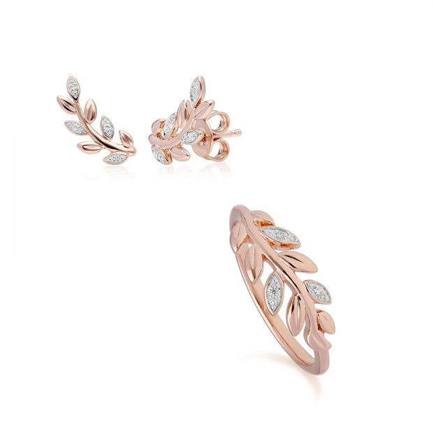 Bague et Boucles d'Oreilles Clou O Leaf Or Rose 375 Diamant