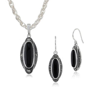 Pendentif et Boucles d'Oreilles Pendantes Style Art Déco Argent 925 Onyx Noire Cabochon et Marcassite