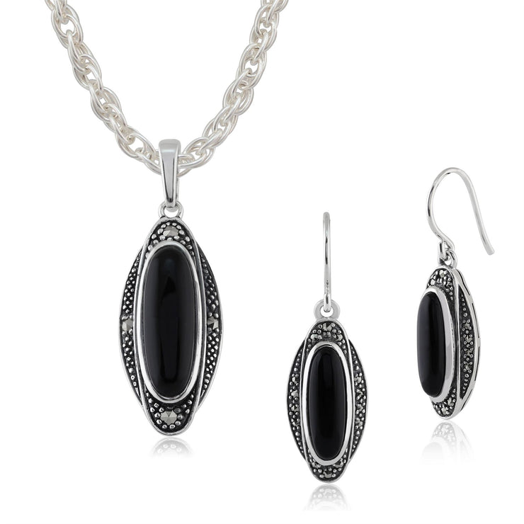 Pendentif et Boucles d'Oreilles Pendantes Style Art Déco Argent 925 Onyx Noire Cabochon et Marcassite