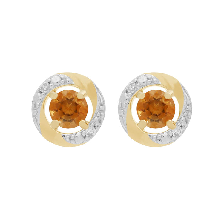 Boucles d'Oreilles Clou Citrine Classique Or Jaune 375 et Ear-Jacket Halo Diamant
