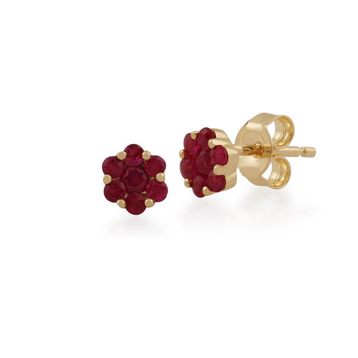 Boucles d'Oreilles Clou Floral Or Jaune 375 Rubis Style Cluster