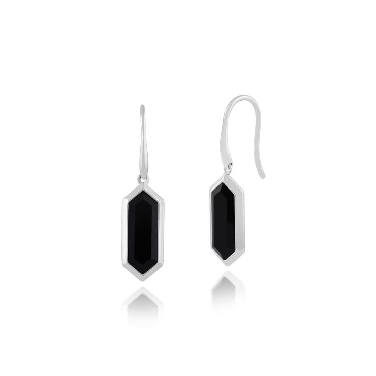 Boucles d'Oreilles Pendantes Géométrique Argent 925 Onyx Noire Prisme Hexagonal