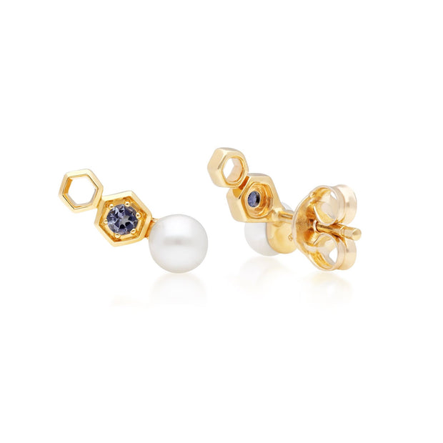 Boucles d'Oreilles Climbers Clou Moderne Or Jaune 375 Tanzanite et Perle