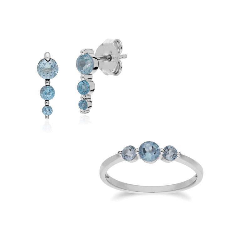 Boucles d'Oreilles et Bague Trois Pierres Classique Argent 925 Topaze Bleue