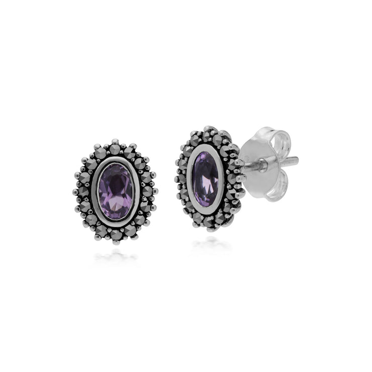 Pendentif et Boucles d'Oreilles Style Art Déco Argent 925 Améthyste Ovale et Marcassite Halo