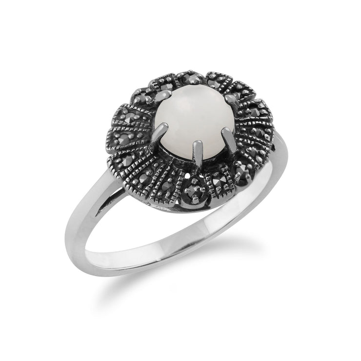 Gemondo Art Déco Bague, en Argent Sterling 925 0,85ct Nacre & Marcassite Art Déco Bague