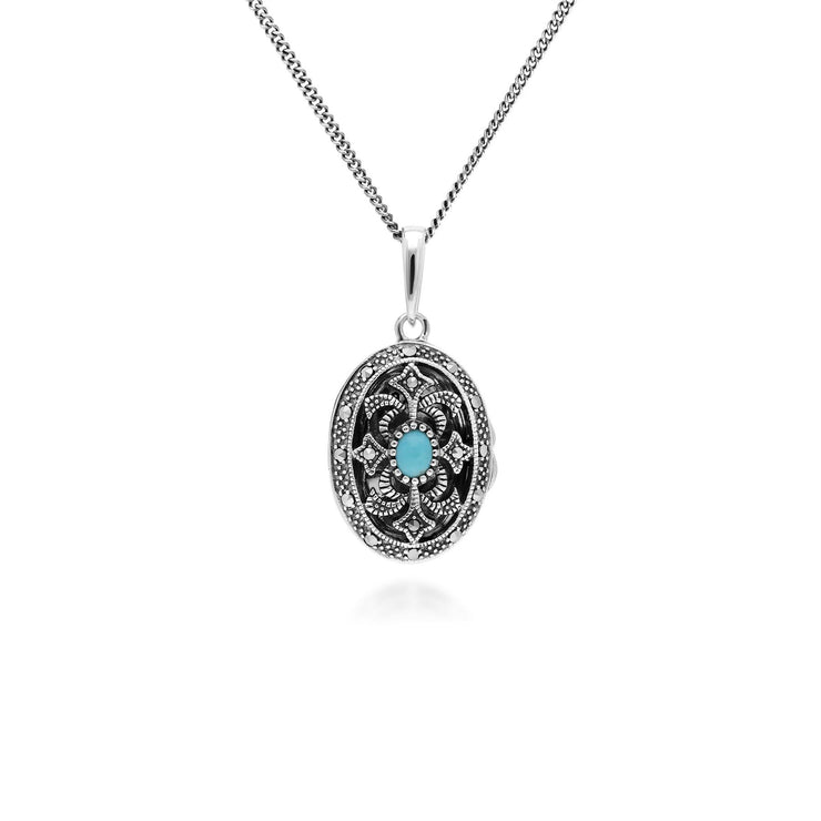 Collier Porte-Photo Style Art Nouveau Argent 925 Turquoise Oval