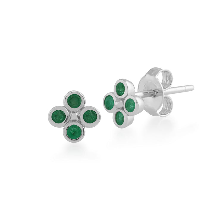 Bague et Boucles d'Oreilles Clou Trèfle Floral Argent 925 Emeraude Ronde