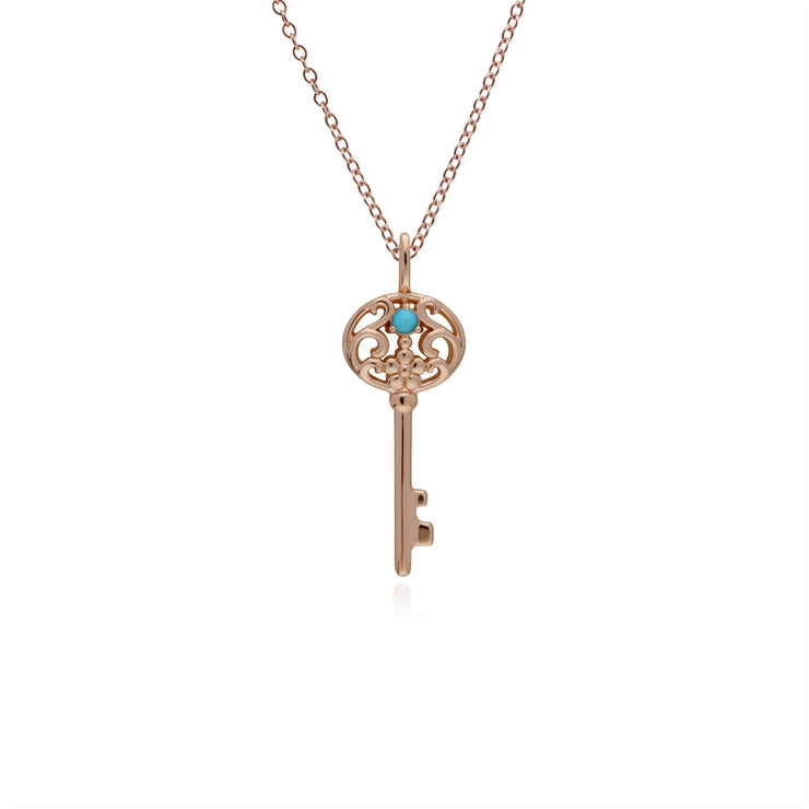 Pendentif Classique Cadenas Cœur Torsadé Argent 925 Plaqué Or Rose et Charms Grande Clé Turquoise