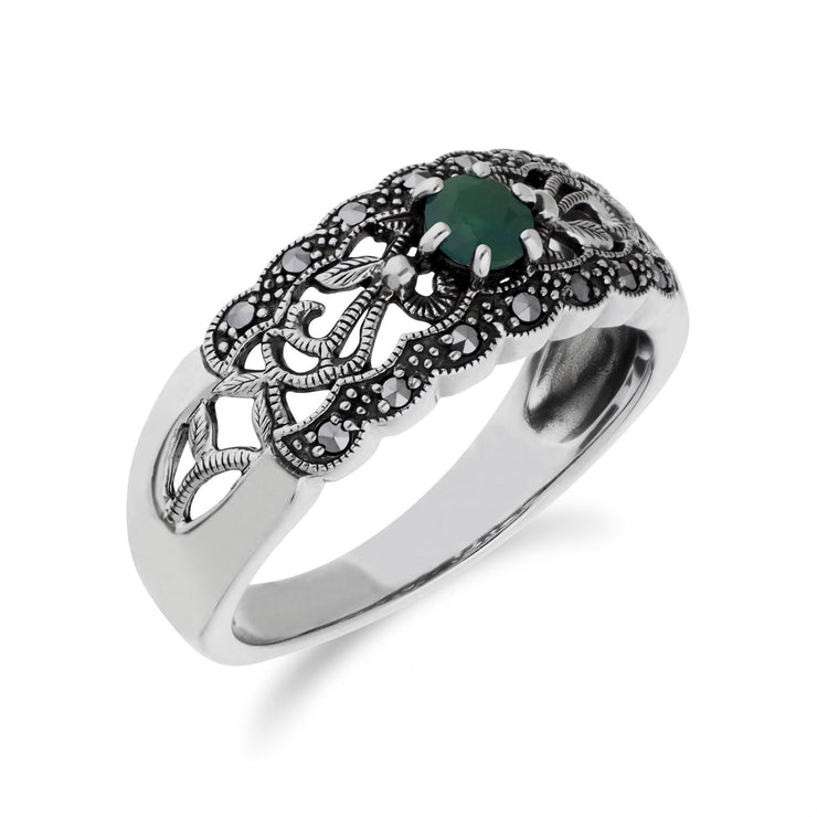 Gemondo Émeraude Bague, Argent Sterling Émeraude & Marcassite Simple Art Nouveau Bague - Émeraude
