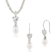 Pendentif et Boucles d'Oreilles Pendantes Cœur Classique Or Blanc 375 Perle et Topaze Blanche