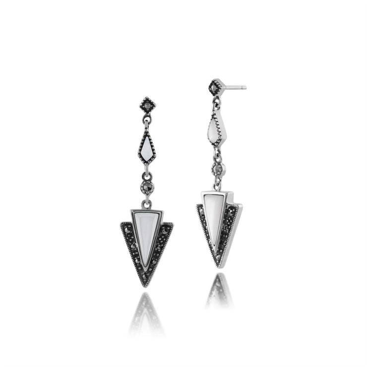 Collier et Boucles d'Oreilles Pendantes Traingle Style Art Déco Argent 925 Nacre et Marcassite