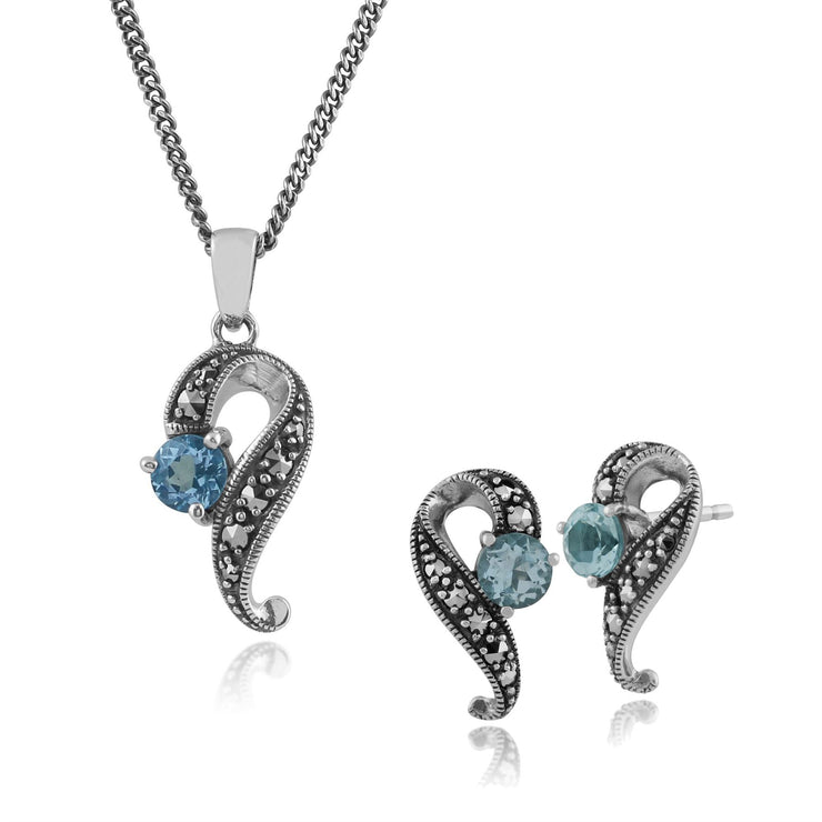 Collier et Boucles d'Oreilles Clou Torsadées Style Art Nouveau Argent 925 Topaze Bleue Ronde et Marcassite