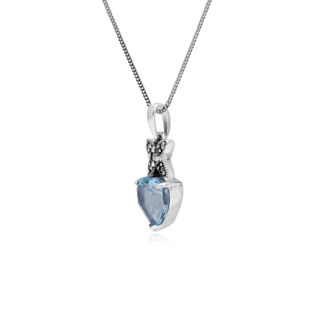 Pendentif Cœur Classique Argent 925 Topaze Bleue et Marcassite bélière Croisée