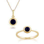 Pendentif et Bague Solitaire Classique Or Jaune 375 Lapis Lazuli Rond Sertis Clos