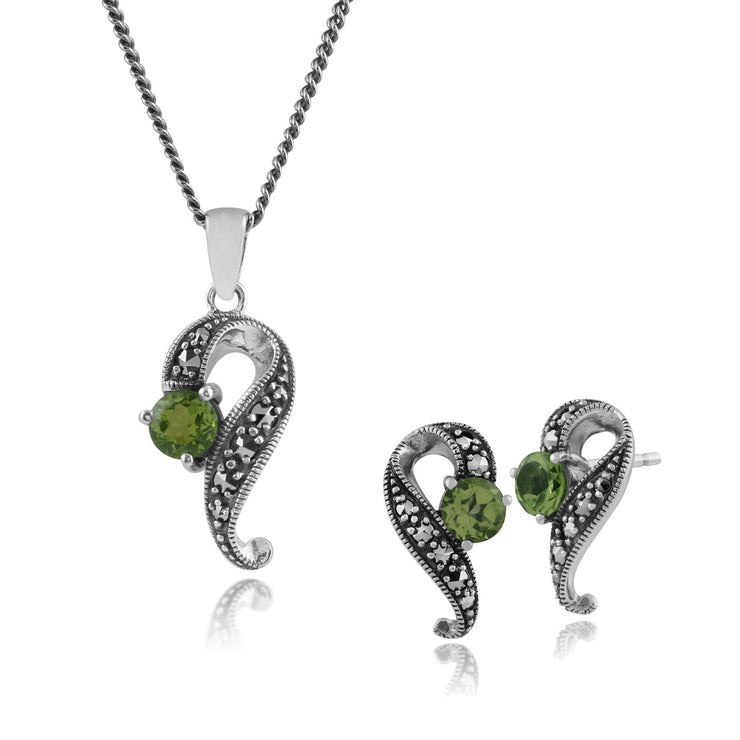 Collier et Boucles d'Oreilles Clou Torsadées Style Art Nouveau Argent 925 Péridot Rond et Marcassite