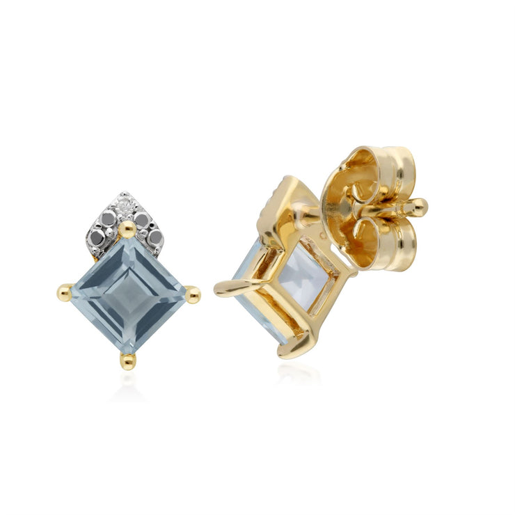 Topaze Bleu Boucles D'Oreilles, 9 CT or Jaune Topaze Bleu et Diamant Carré Boucles D'Oreilles