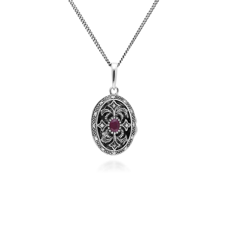 Collier Porte-Photo Style Art Nouveau Argent 925 Rubis Oval