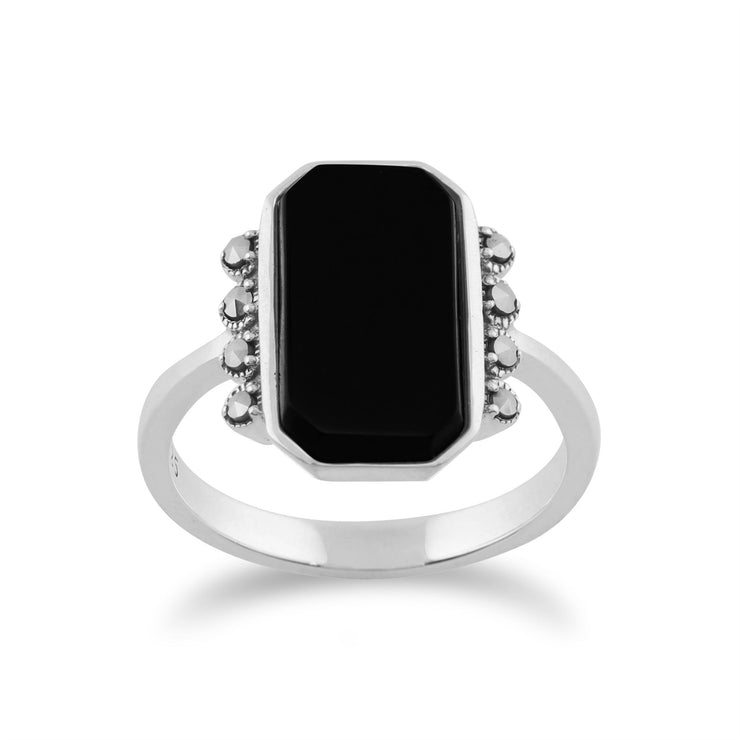 Gemondo en Argent Sterling 925 2.5ct Onyx Noir & Marcassite Art Déco Bague