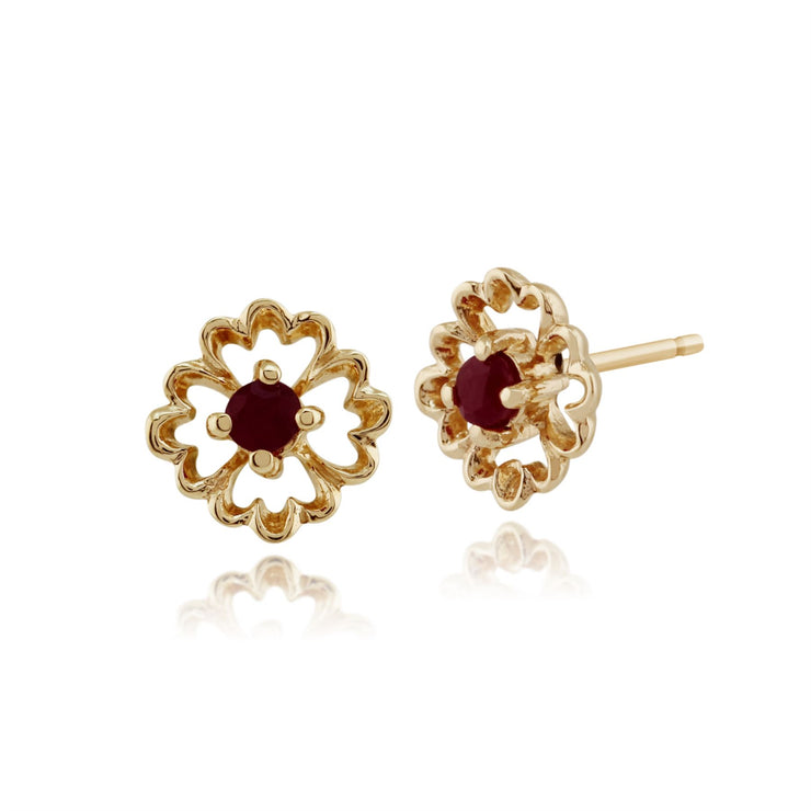 Boucles d'Oreilles Clou Floral Or Jaune 375 Rubis