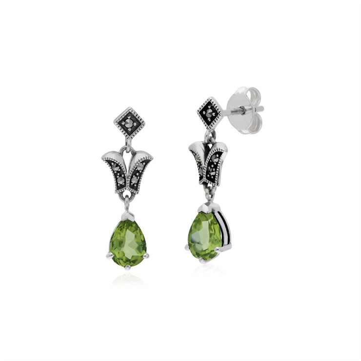 Peridot Boucles D'Oreilles, Argent Sterling Peridot & Marcassite Poire Art Nouveau Boucles D'Oreilles Goutte