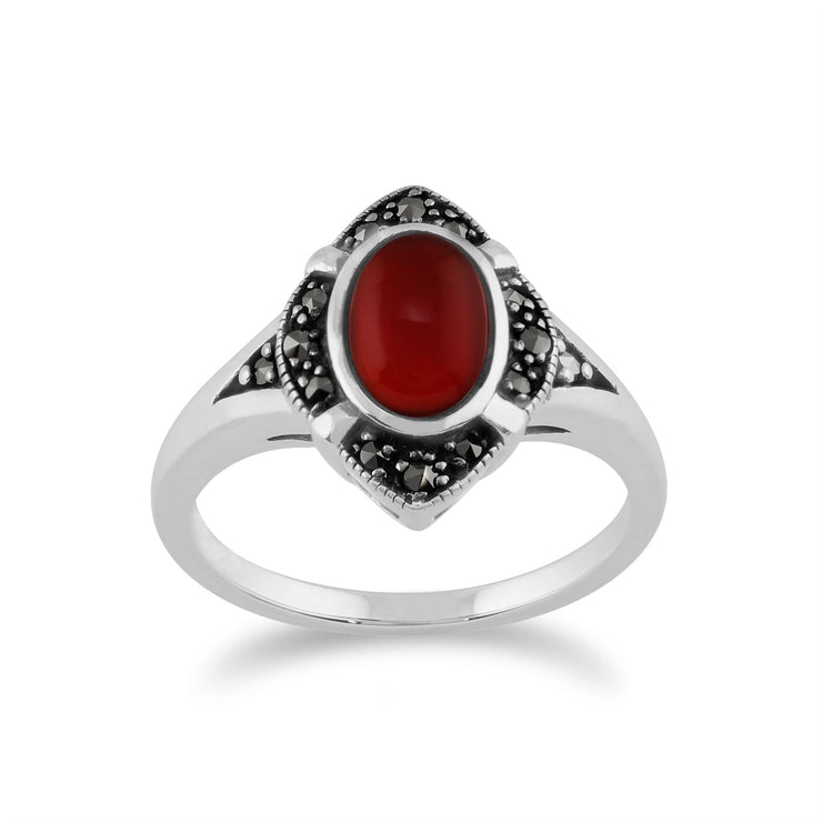 Gemondo Art Déco Bague, 925 Sterling Silver 1.00ct Cornaline & Marcassite Art Déco Bague