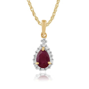 Pendentif et Boucles d'Oreilles Clou Classique Or Jaune 375 Rubis Poire et Diamant Halo