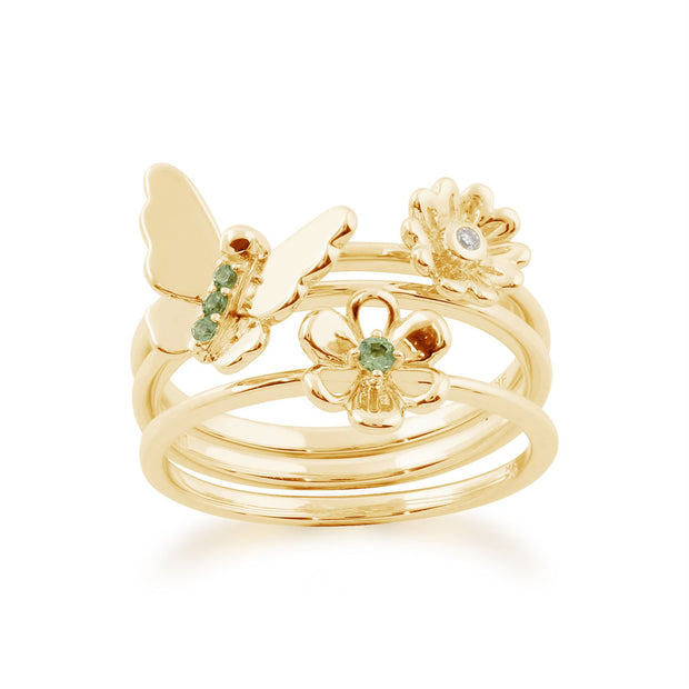 Set de Trois Bagues Empilables Floral Or Jaune 375 Péridot et Diamant Papillion et Fleurs