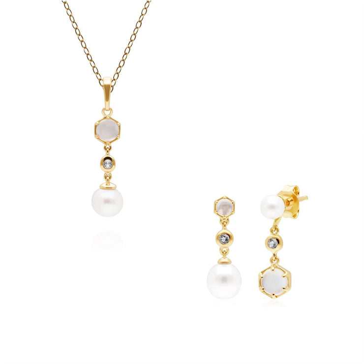 Pendentif et Boucles d'Oreilles Perle Moderne Argent 925 Plaqué Or Pierre de Lune, Opale et Perle