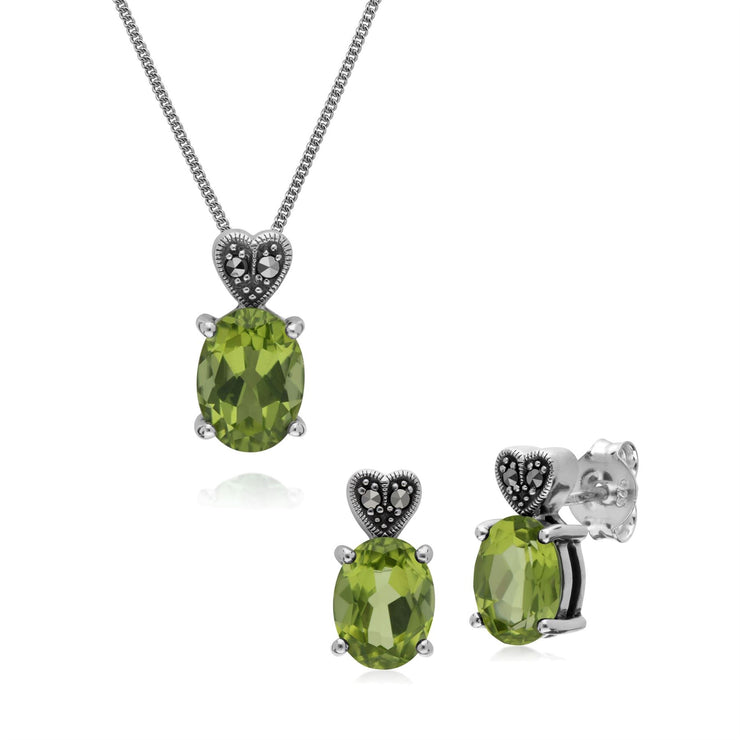 Pendentif et Boucles d'Oreilles Clou Style Art Déco Argent 925 Péridot Oval et Marcassite